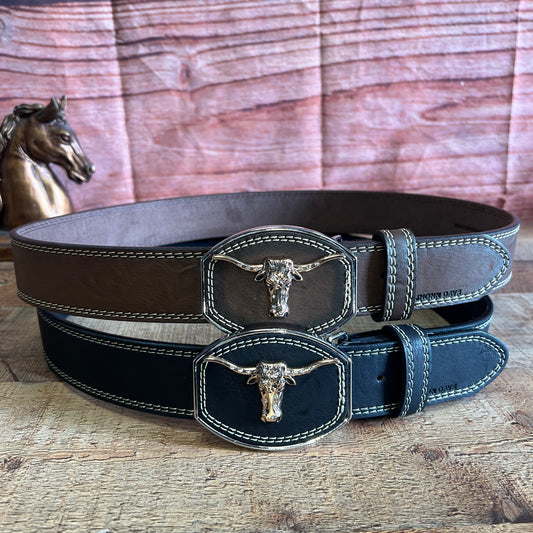 Men's Western Cowboy Genuine Cowhide Leather Belt with Square Metallic Buckle- Cinto vaquero Premium Hebilla Metalica Toro Diamante