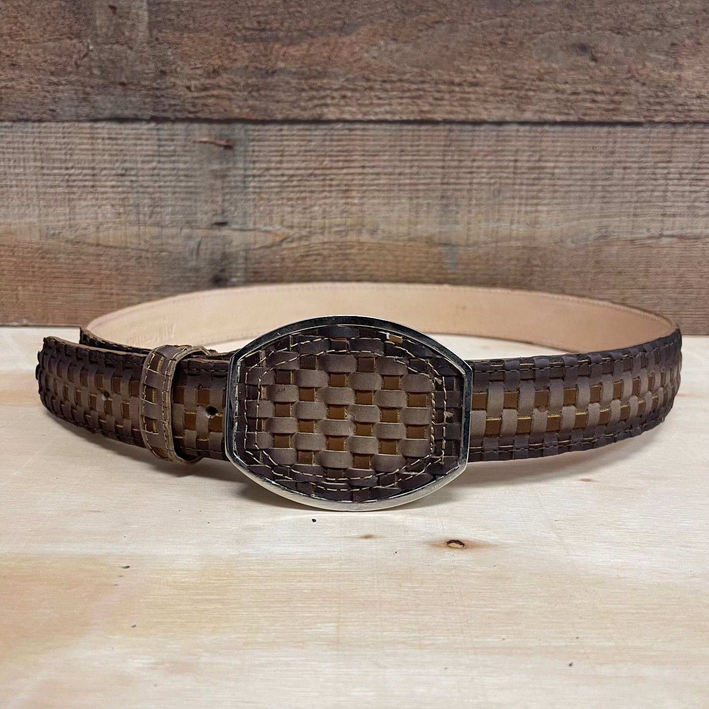 Men's Western Cowboy Woven Leather Belt Cinto Petatillo Hebilla Metálica
