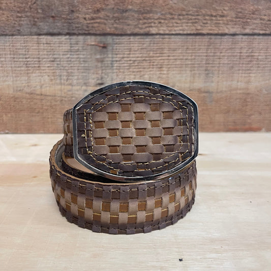 Men's Western Cowboy Woven Leather Belt Cinto Petatillo Hebilla Metálica