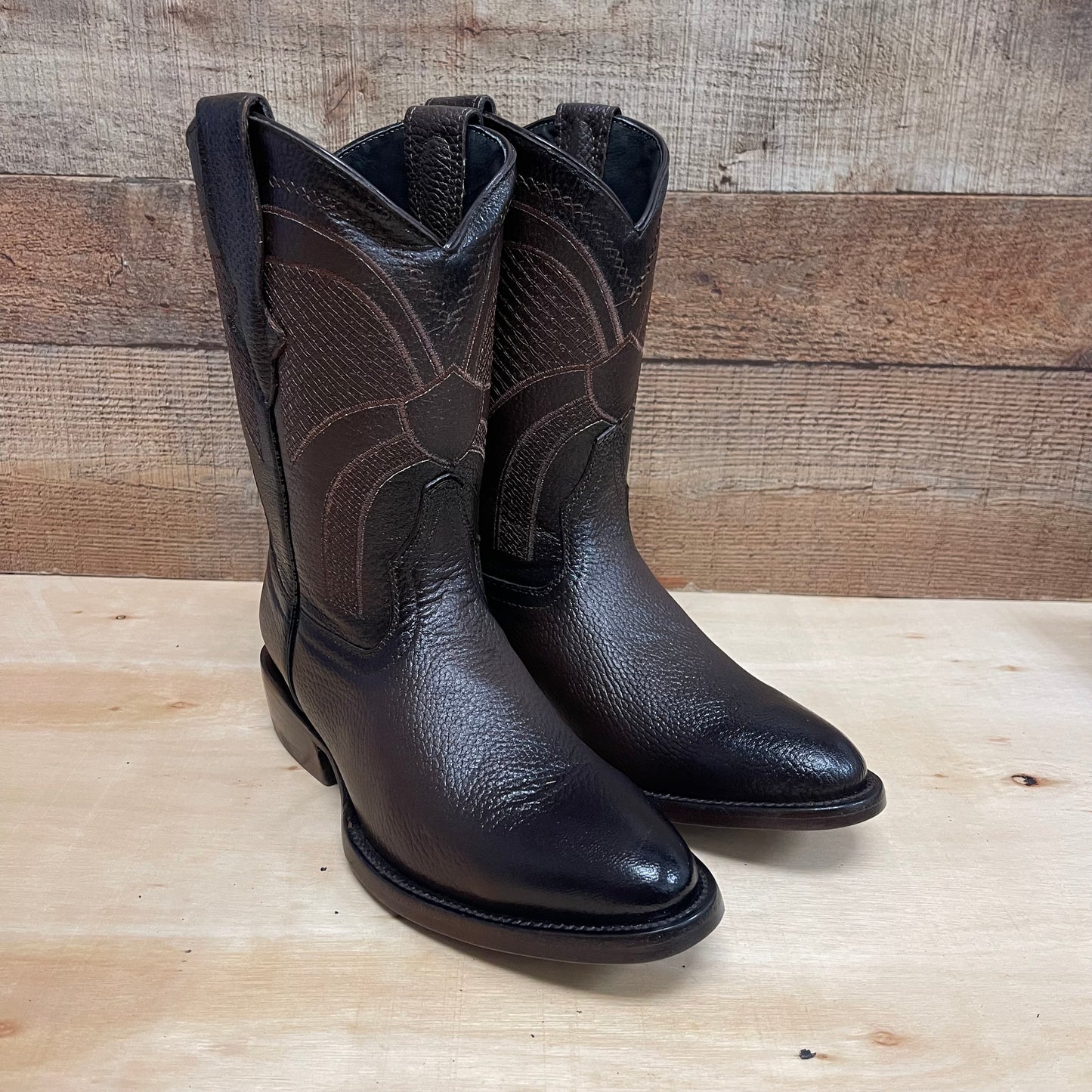 Men's Leather Cowboy Western Brown American Deer Leather Pull On Round Toe Boots Est.492