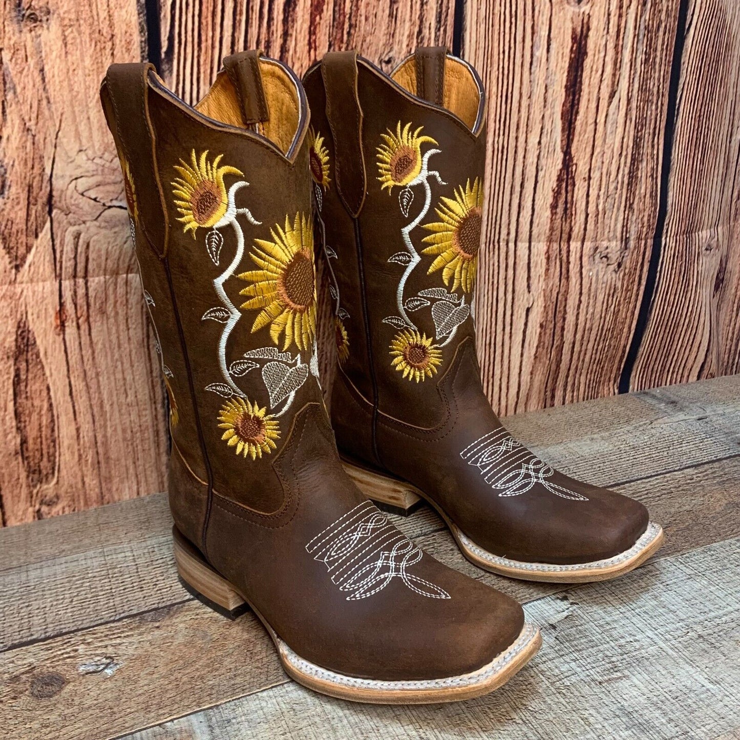 Women's Western Rodeo Square Toe Sunflower Embroidery Leather Boots Est.255/257 Girasoles