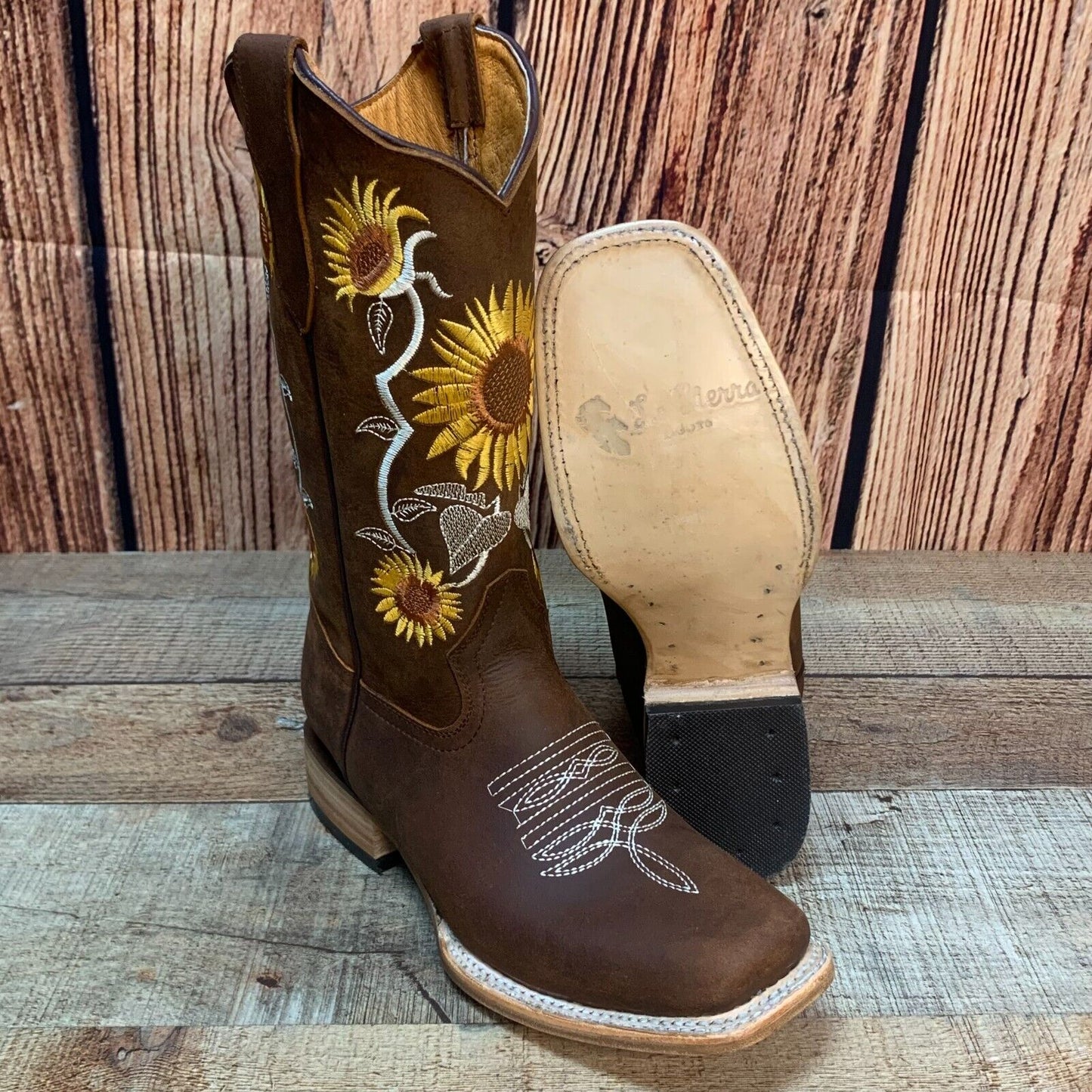 Women's Western Rodeo Square Toe Sunflower Embroidery Leather Boots Est.255/257 Girasoles