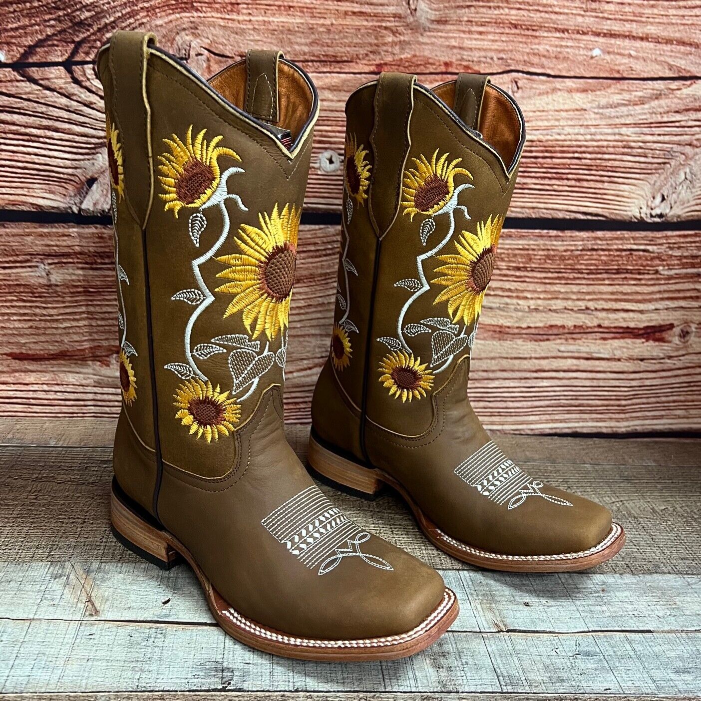 Women's Western Rodeo Square Toe Sunflower Embroidery Leather Boots Est.255/257 Girasoles