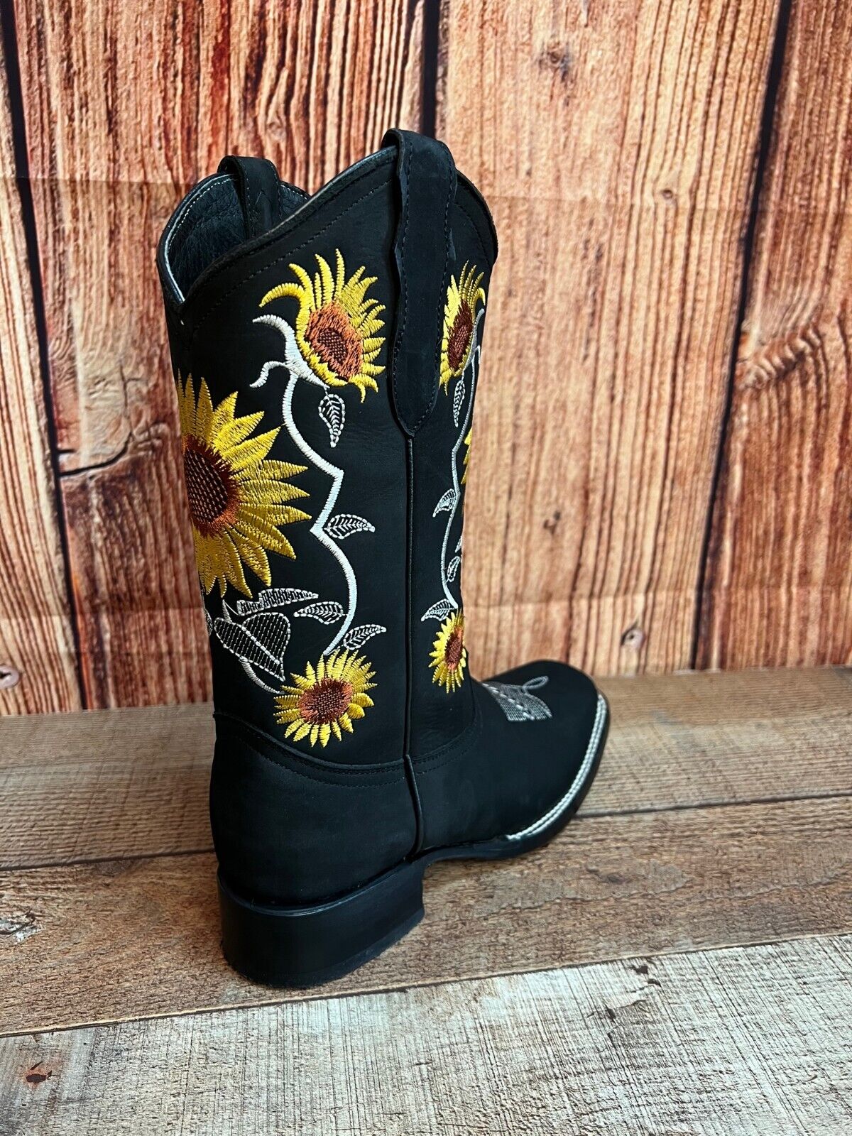 Women's Western Rodeo Square Toe Sunflower Embroidery Leather Boots Est.255/257 Girasoles