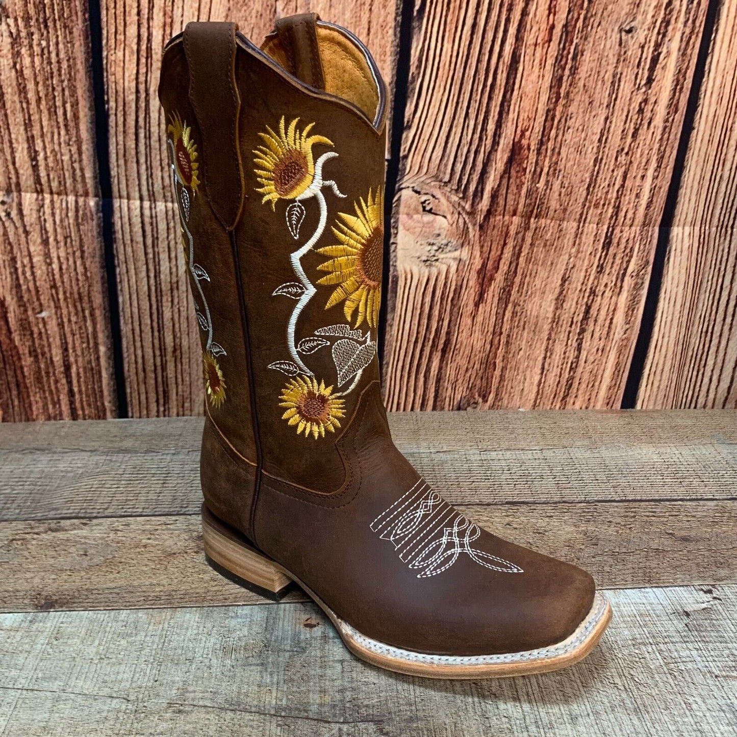 Women's Western Rodeo Square Toe Sunflower Embroidery Leather Boots Est.255/257 Girasoles