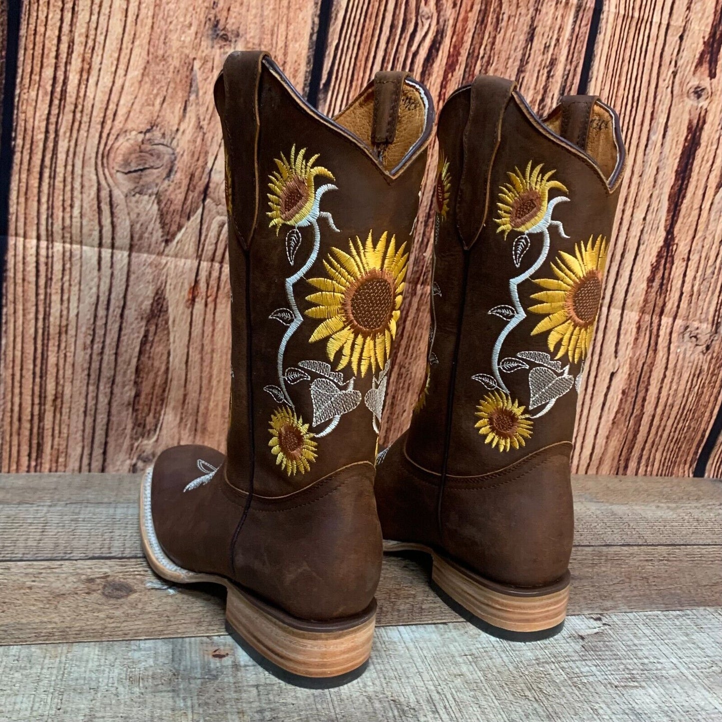 Women's Western Rodeo Square Toe Sunflower Embroidery Leather Boots Est.255/257 Girasoles