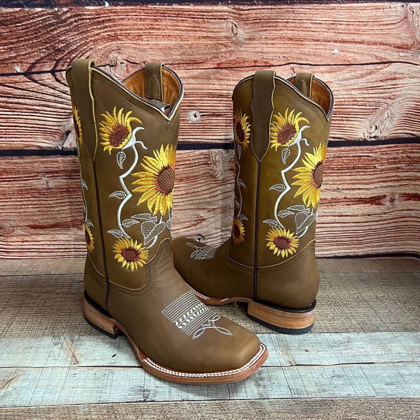 Women's Western Rodeo Square Toe Sunflower Embroidery Leather Boots Est.255/257 Girasoles