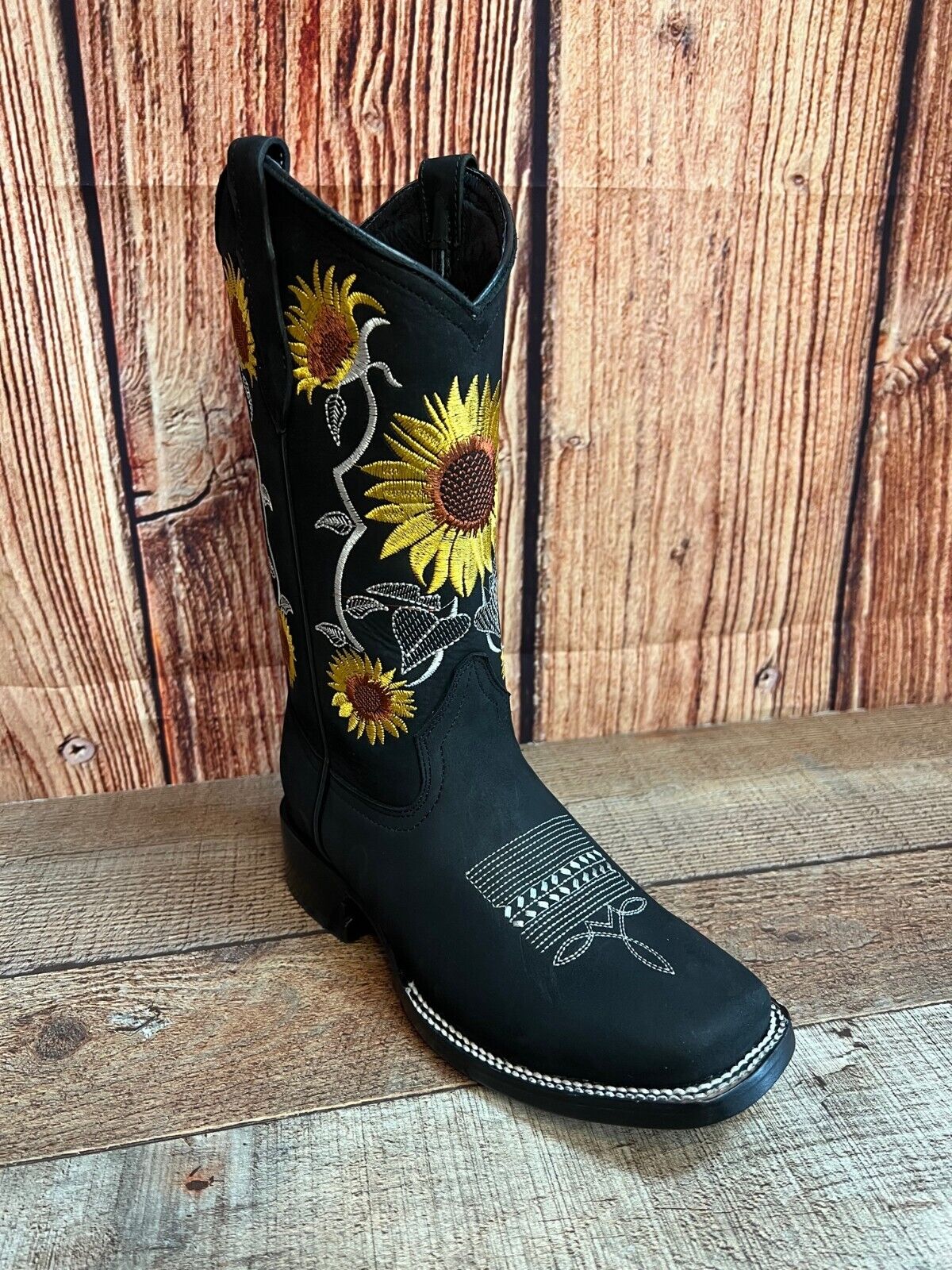 Women's Western Rodeo Square Toe Sunflower Embroidery Leather Boots Est.255/257 Girasoles