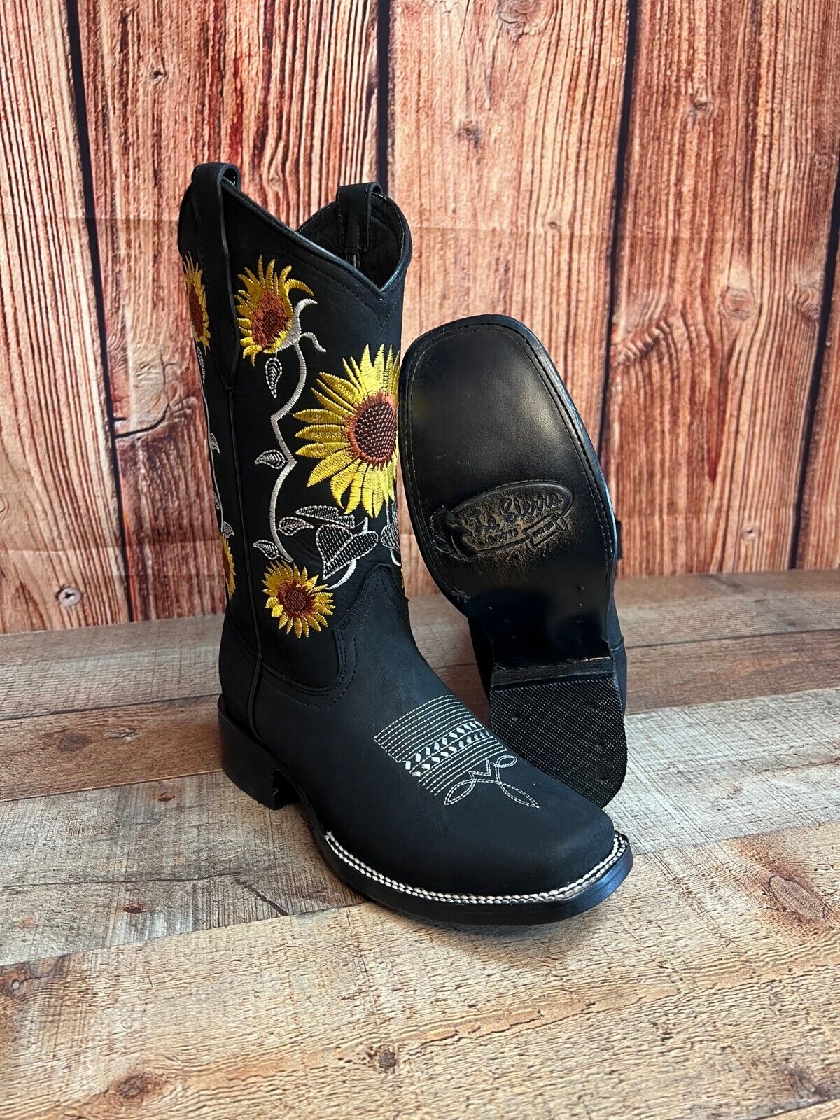 Women's Western Rodeo Square Toe Sunflower Embroidery Leather Boots Est.255/257 Girasoles