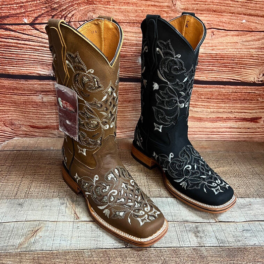 Women's Western Rodeo Square Toe Glitter Inlay Leather Boots Est.930 Dama Glitter
