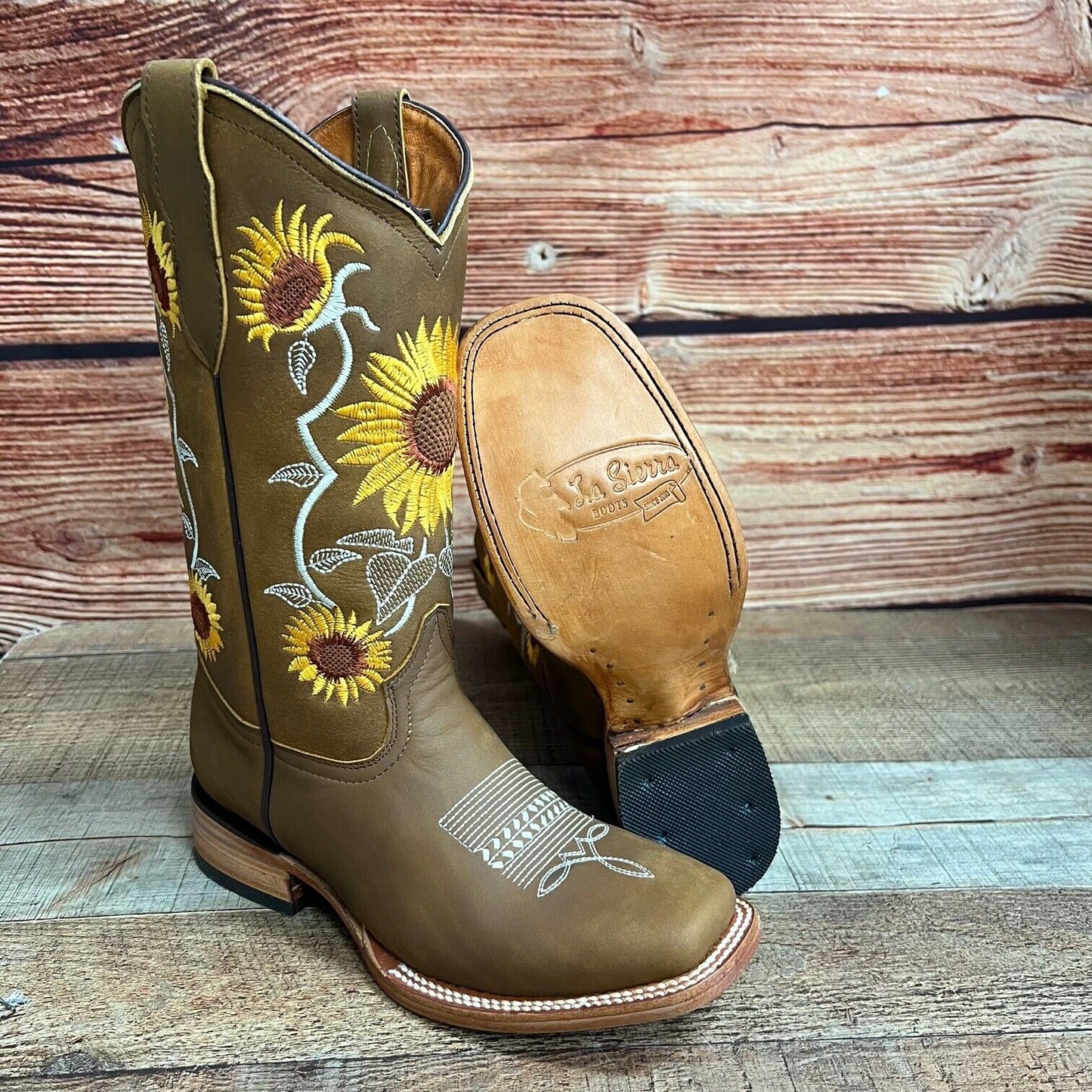 Women's Western Rodeo Square Toe Sunflower Embroidery Leather Boots Est.255/257 Girasoles