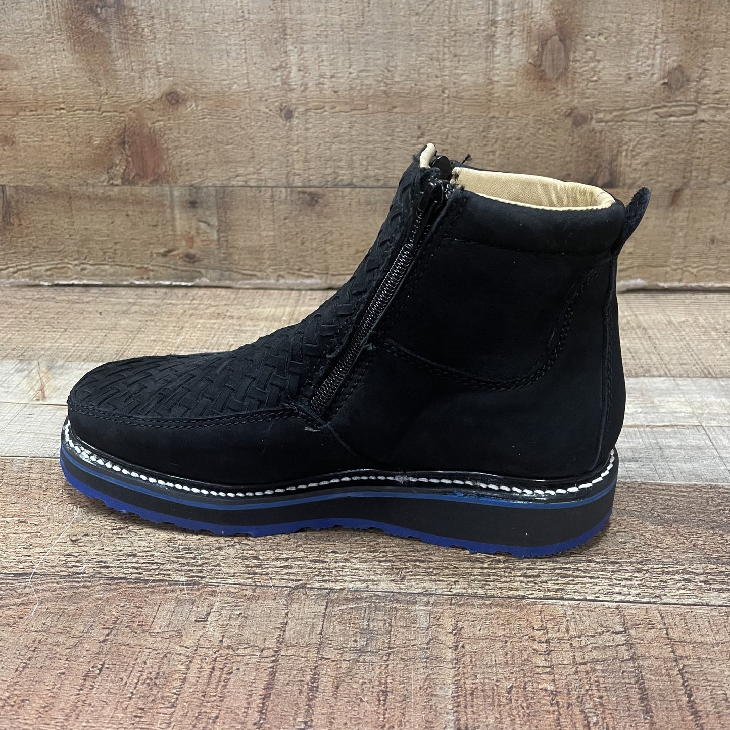 Zapatos de trabajo para hombre con suela roja/azul y cremallera, tejidos a mano, de piel auténtica, resistentes al aceite y antideslizantes, 334/444, petatillo, suela roja/azul, cierres