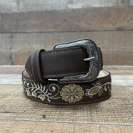 Women's Western Cowgirl Genuine Leather Belt with Flower Embroidery Est. 701 krazy tabaco