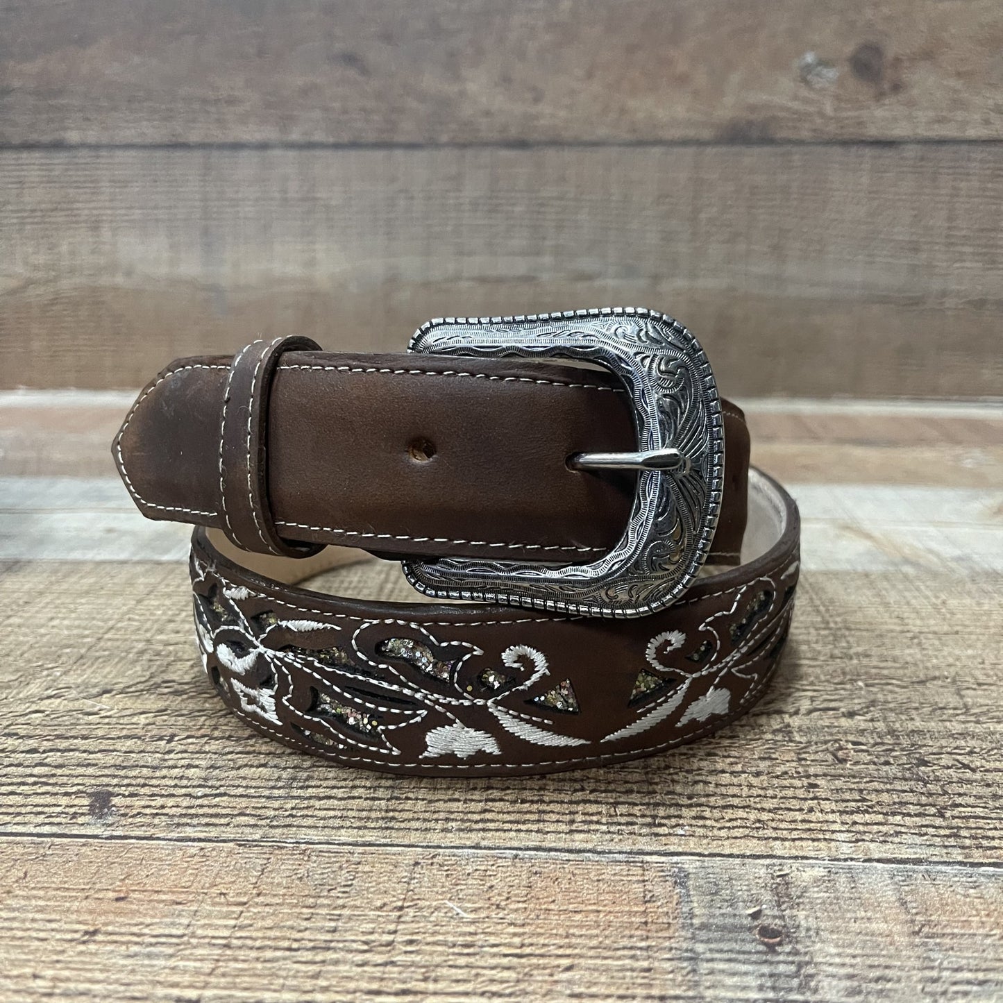 Women's Western Cowgirl Leather Belt with Glitter Cinto Dama con Glitter
