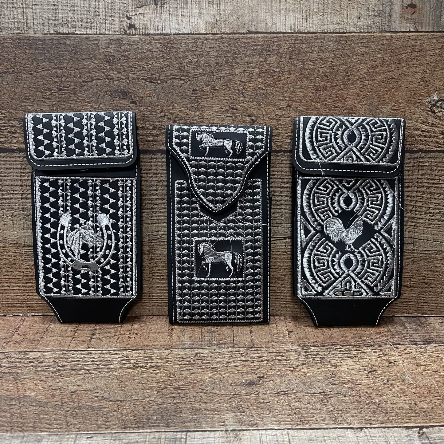 Men's Phone Case Embroidery With Silver Thread Genuine Cowhide Leather Funda Hilo Plata