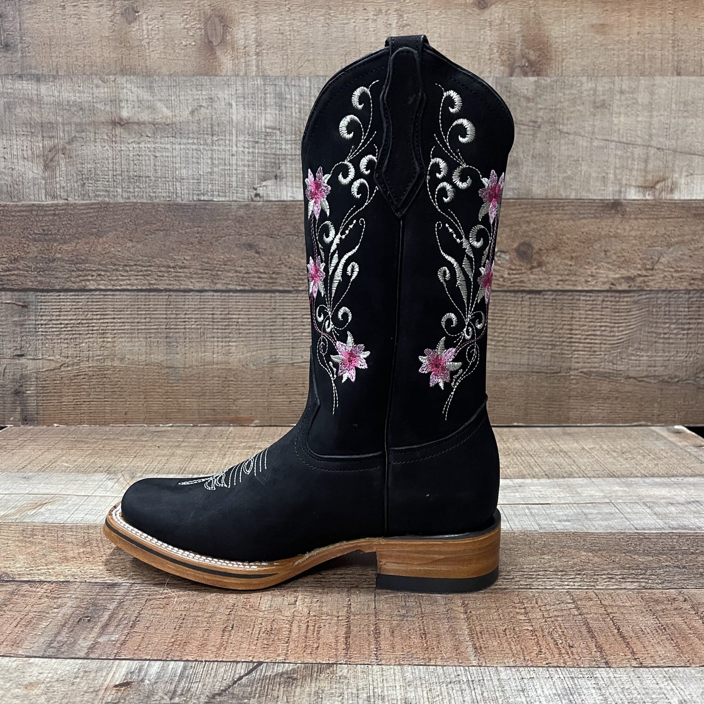 Botas vaqueras de piel auténtica para mujer Est. Sarah con flores rosas y azules