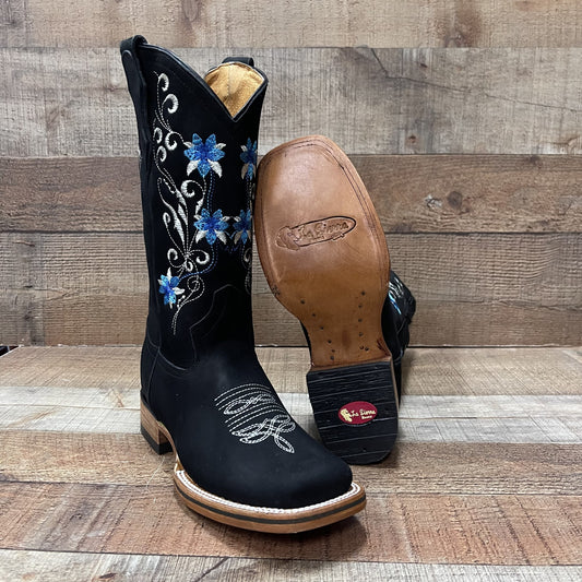 Botas vaqueras de piel auténtica para mujer Est. Sarah con flores rosas y azules
