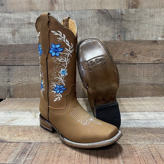 Botas vaqueras de piel auténtica para mujer Est. Sarah con flores rosas y azules