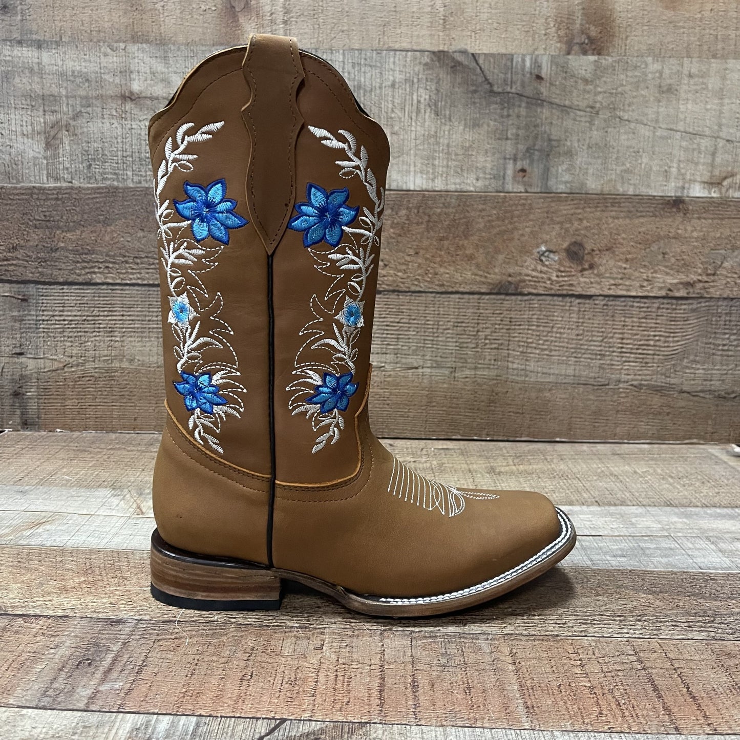 Women's Genuine Leather Cowgirl Boots Blue Flowers Est.251 Crazy Tang