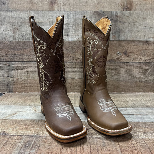 Botas vaqueras de piel auténtica para mujer Est. Sarah con flores rosas y azules