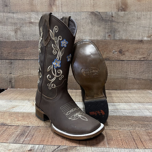 Botas vaqueras de piel auténtica para mujer Est. Sarah con flores rosas y azules