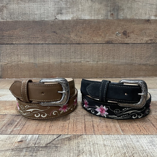 Women's Western Cowgirl Genuine Leather Belt with Pink Flower Embroidery Est. 804
