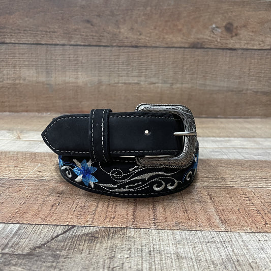 Women's Western Cowgirl Genuine Leather Belt with Blue Flower Embroidery Est. 805