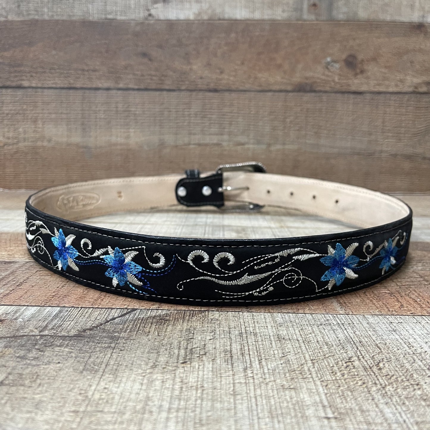 Women's Western Cowgirl Genuine Leather Belt with Blue Flower Embroidery Est. 805