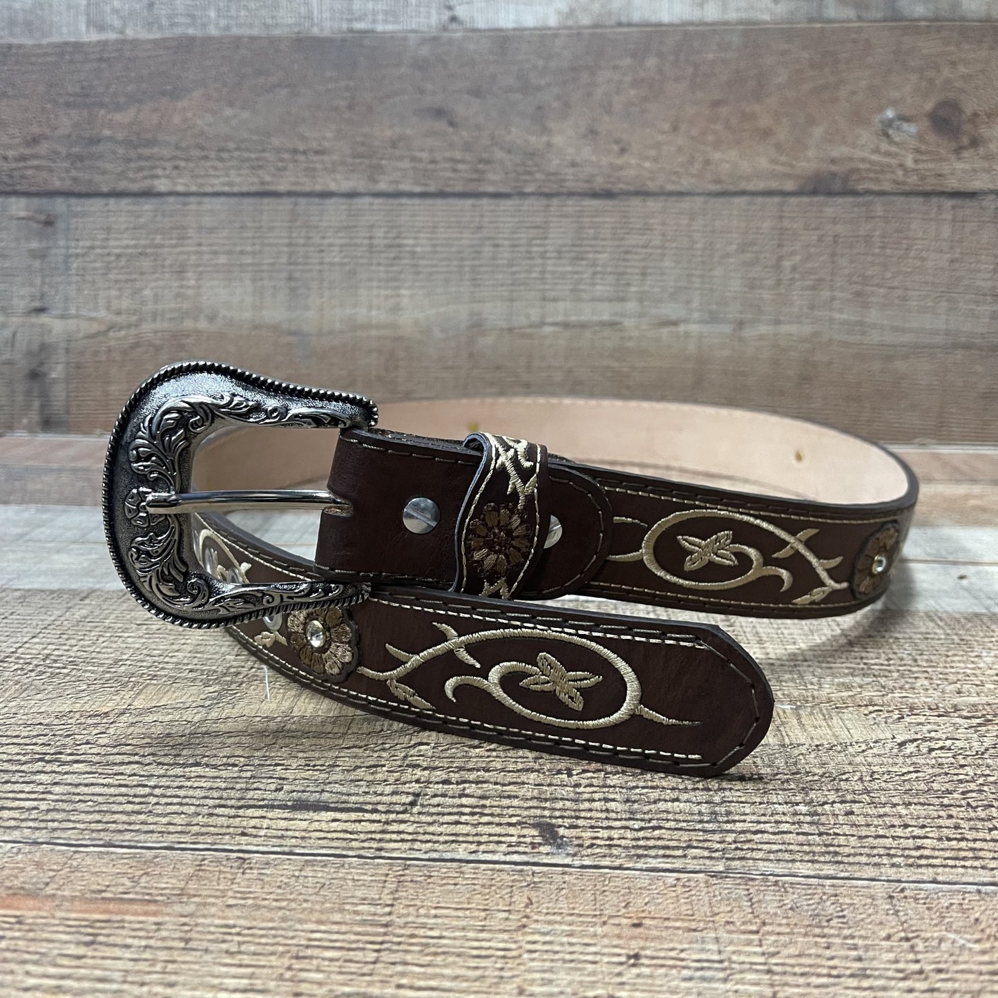 Women's Western Cowgirl Genuine Leather Belt with Flower Embroidery Cinto Bordado Flor y Diamante