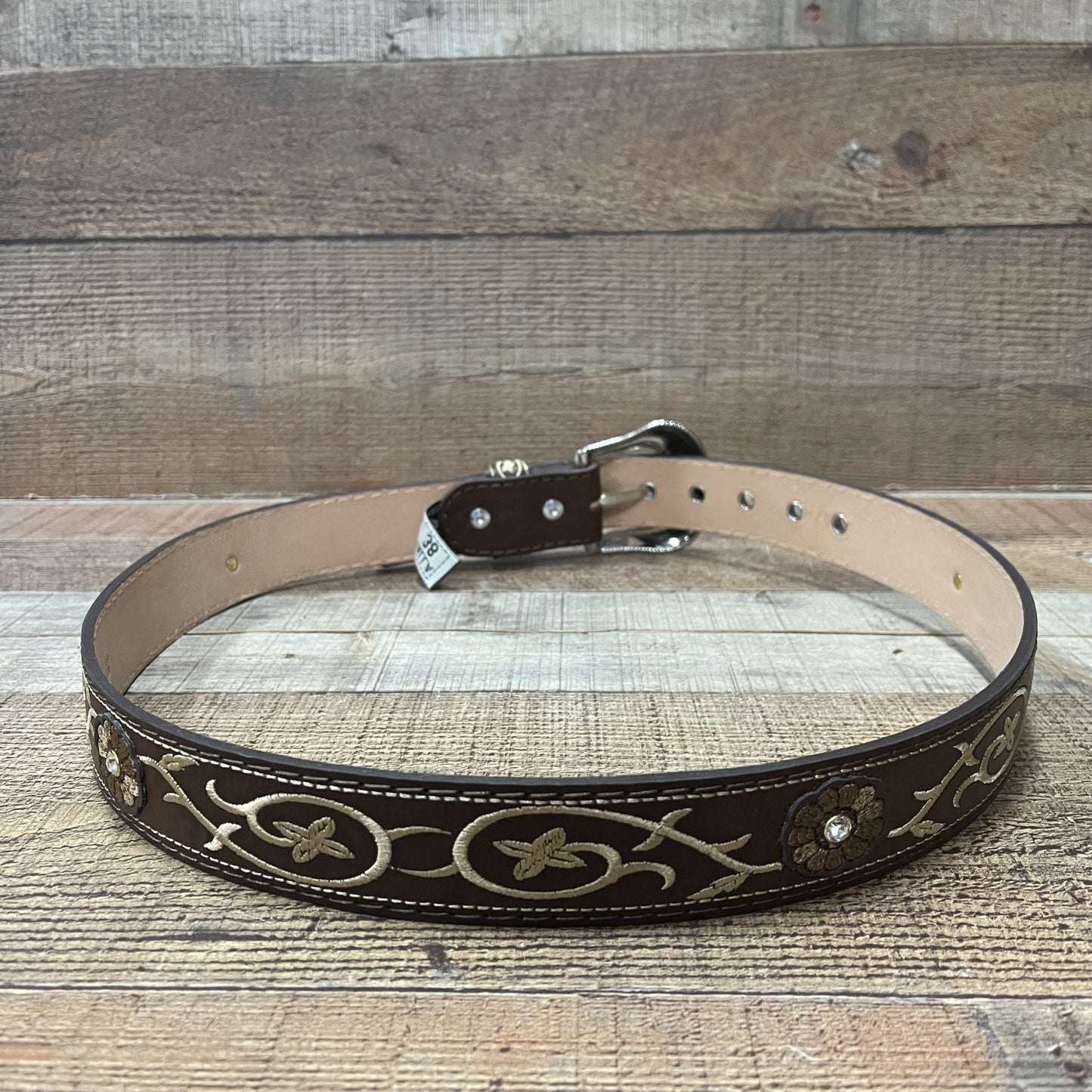 Women's Western Cowgirl Genuine Leather Belt with Flower Embroidery Cinto Bordado Flor y Diamante