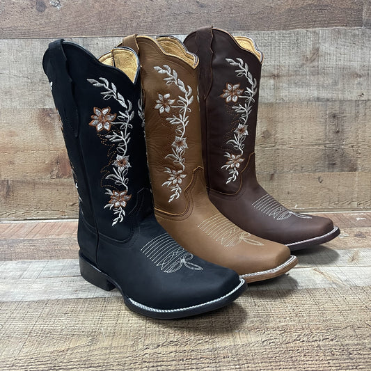 Botas vaqueras de piel auténtica para mujer Est. Sarah con flores rosas y azules