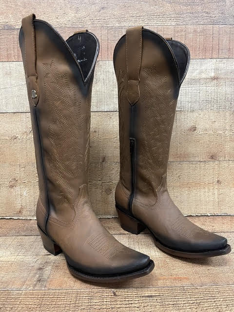 Women's Rodeo Cowgirl Tobacco Genuine Leather Snipped Toe High Heel Boots  Est.201 Tubo Alto Tabaco Piedras