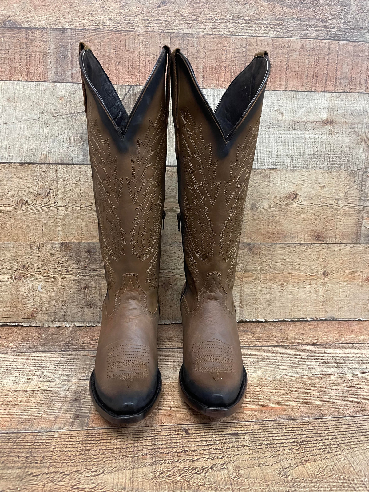 Women's Rodeo Cowgirl Tobacco Genuine Leather Snipped Toe High Heel Boots  Est.201 Tubo Alto Tabaco Piedras
