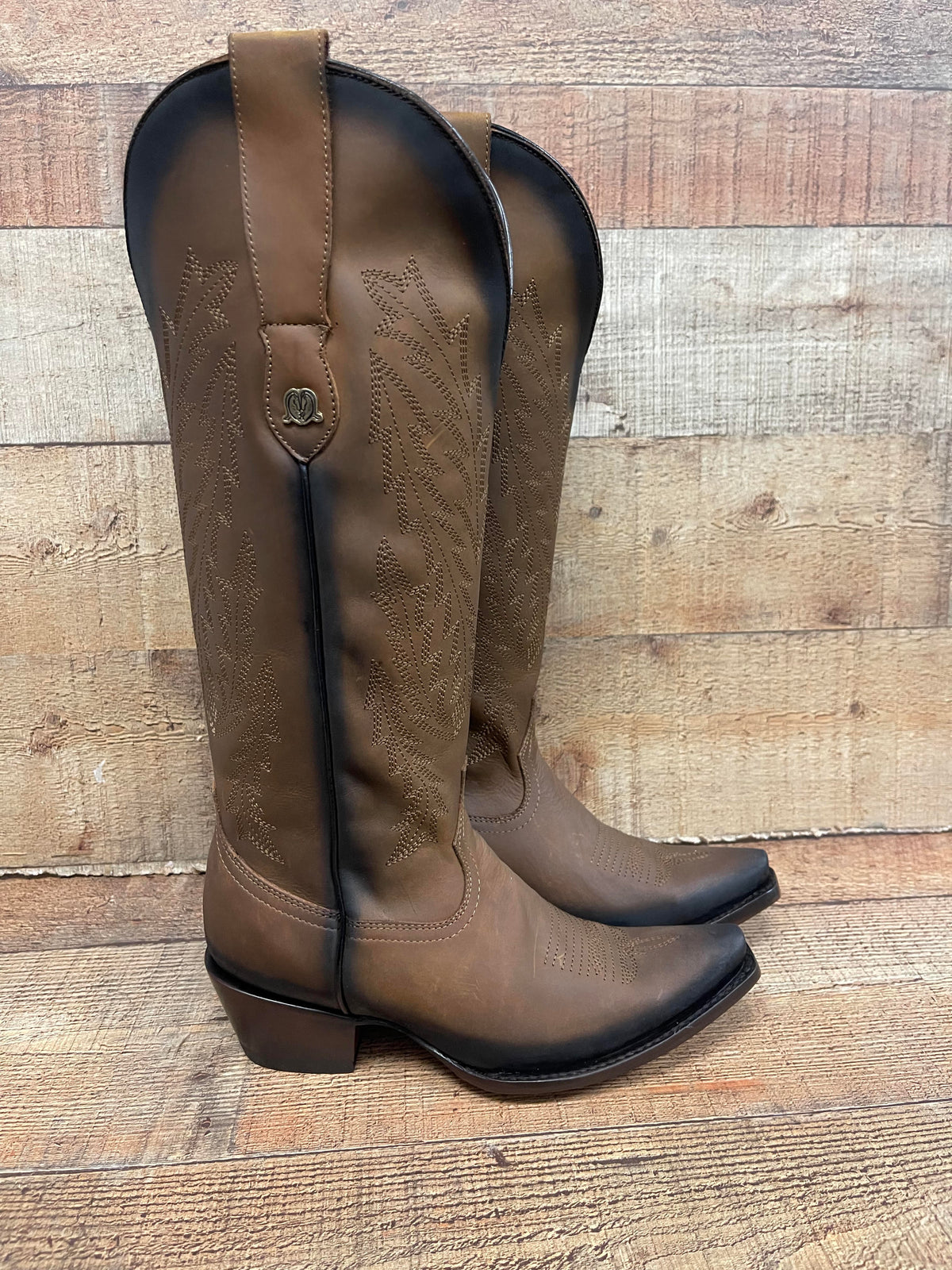 Women's Rodeo Cowgirl Tobacco Genuine Leather Snipped Toe High Heel Boots  Est.201 Tubo Alto Tabaco Piedras