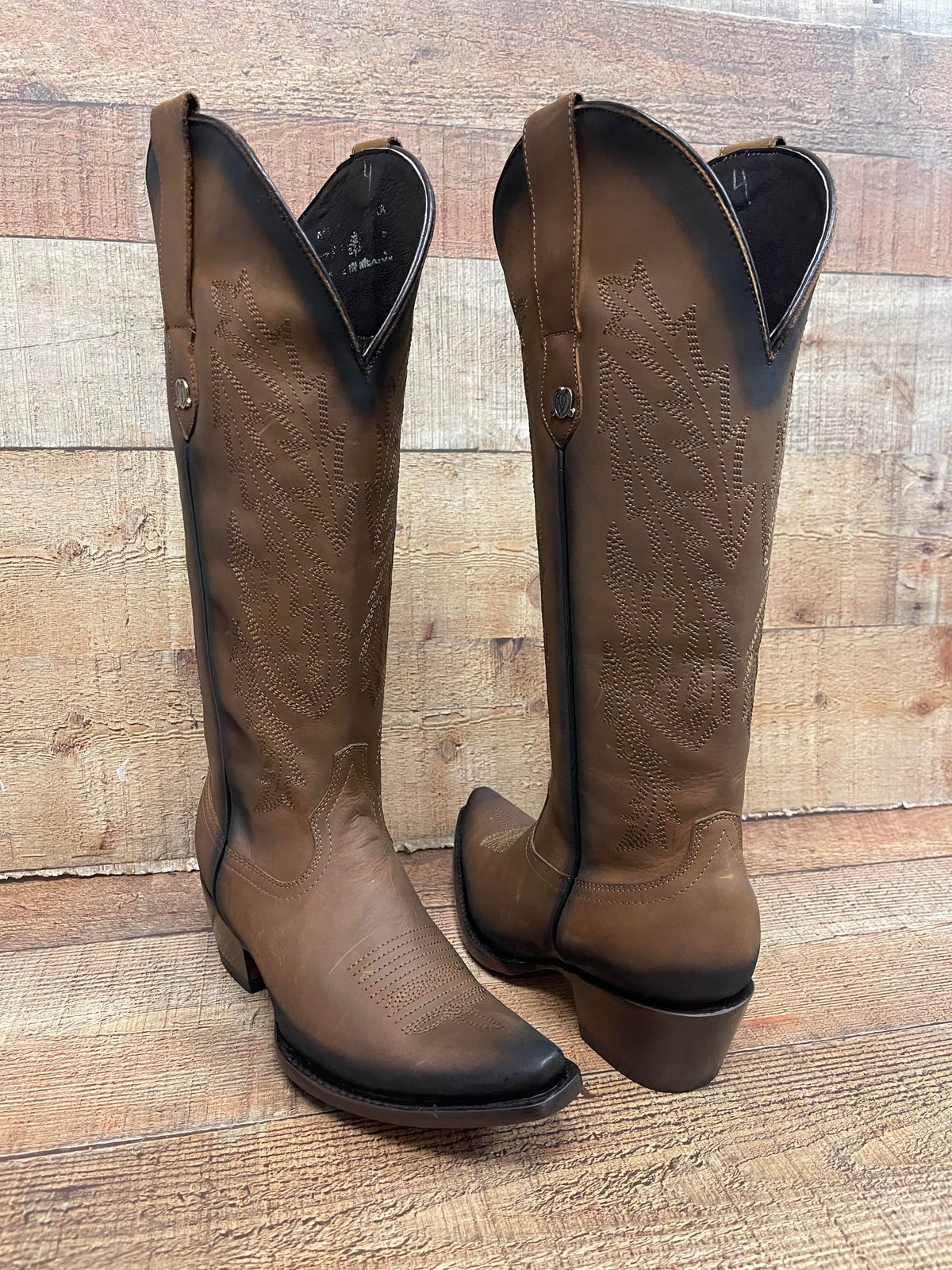 Women's Rodeo Cowgirl Tobacco Genuine Leather Snipped Toe High Heel Boots  Est.201 Tubo Alto Tabaco Piedras