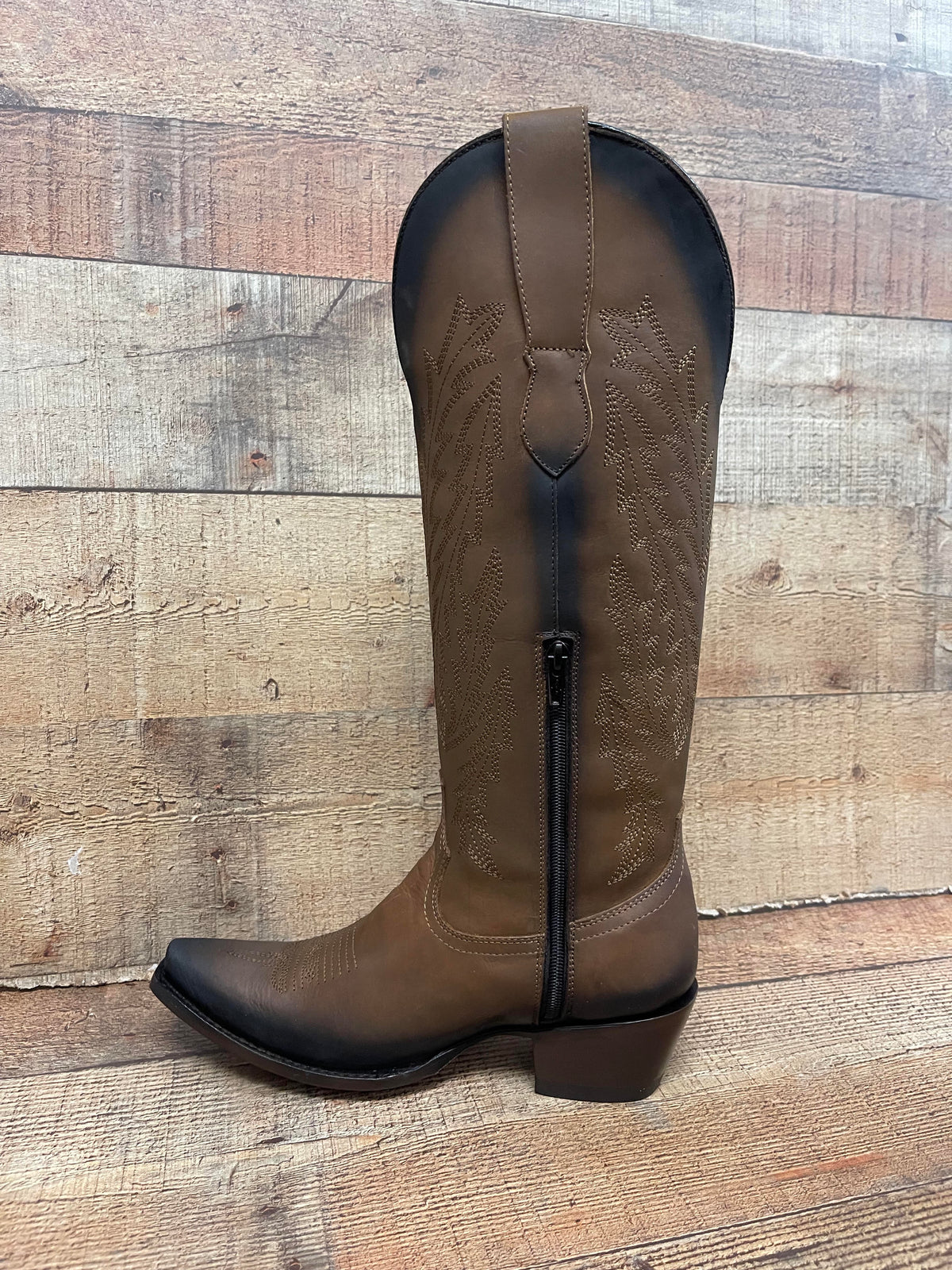 Women's Rodeo Cowgirl Tobacco Genuine Leather Snipped Toe High Heel Boots  Est.201 Tubo Alto Tabaco Piedras